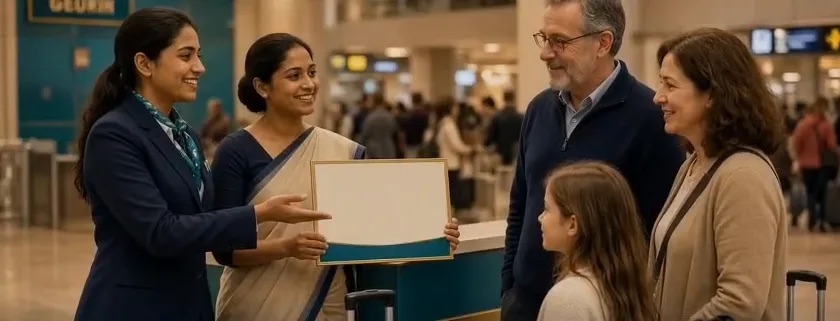 A family being welcomed at the airport